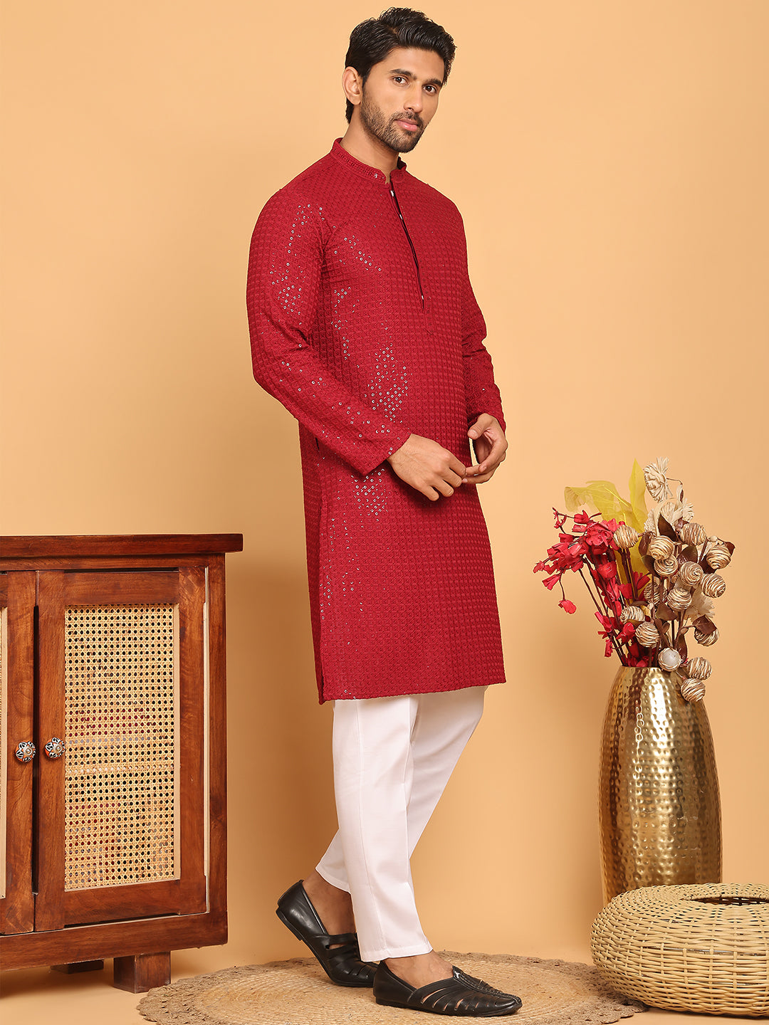 Embroidered & Sequence Kurta Pyjama for Men ( JOKP P 5177 Maroon )
