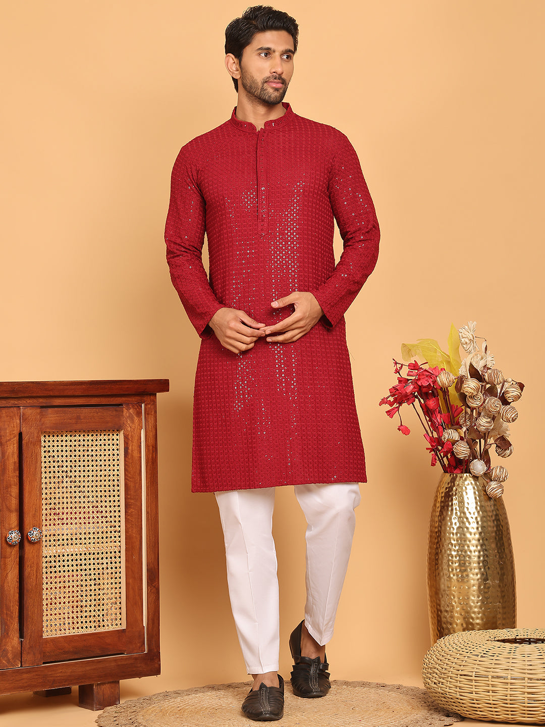 Embroidered & Sequence Kurta Pyjama for Men ( JOKP P 5177 Maroon )