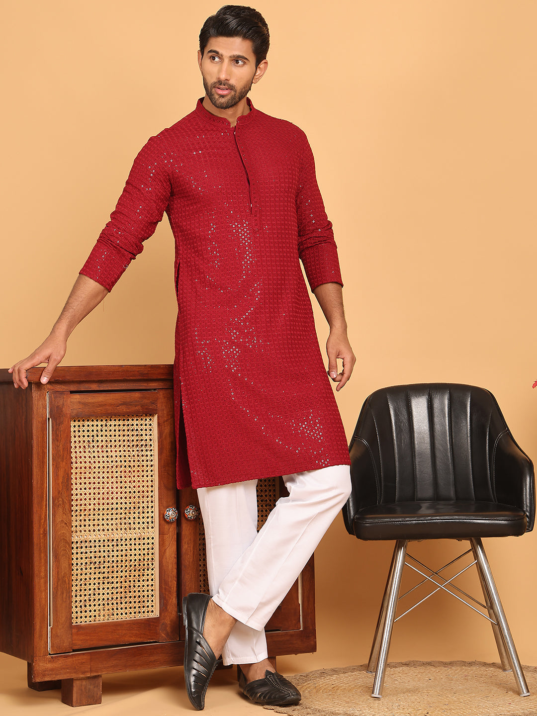 Embroidered & Sequence Kurta Pyjama for Men ( JOKP P 5177 Maroon )