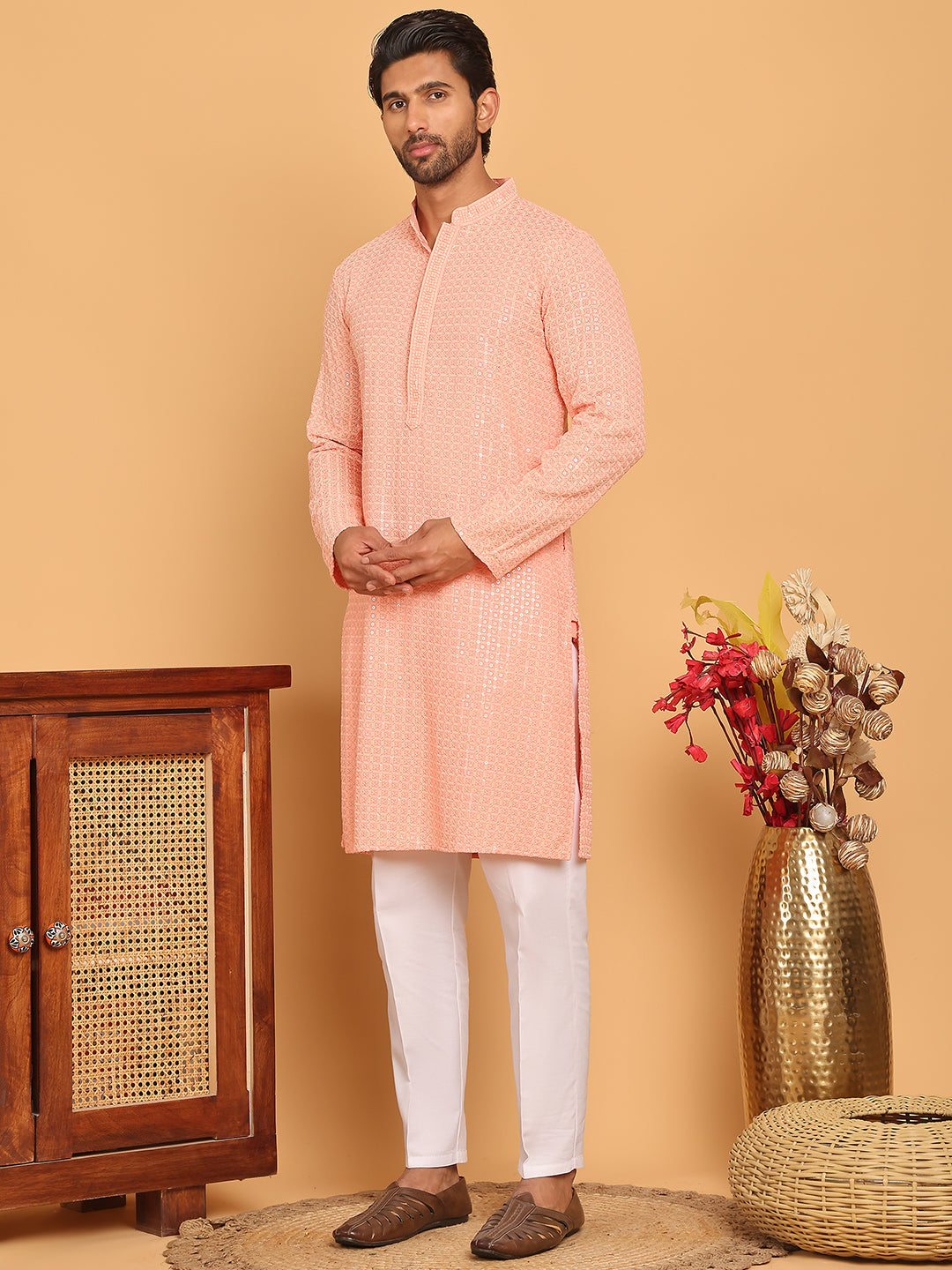 Embroidered & Sequence Kurta Pyjama for Men ( JOKP P 5177 Peach )