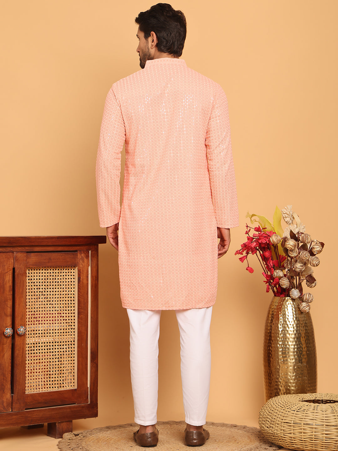 Embroidered & Sequence Kurta Pyjama for Men ( JOKP P 5177 Peach )