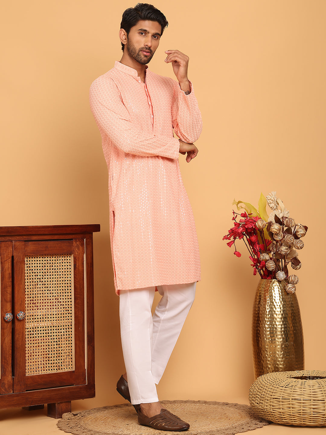 Embroidered & Sequence Kurta Pyjama for Men ( JOKP P 5177 Peach )
