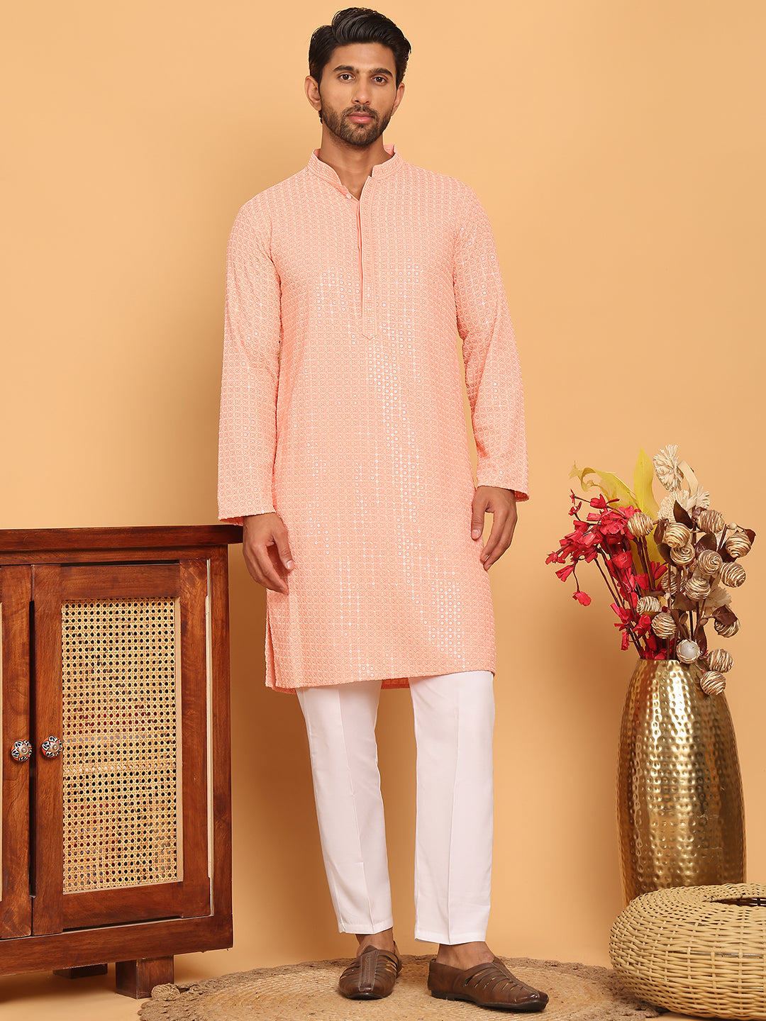 Embroidered & Sequence Kurta Pyjama for Men ( JOKP P 5177 Peach )