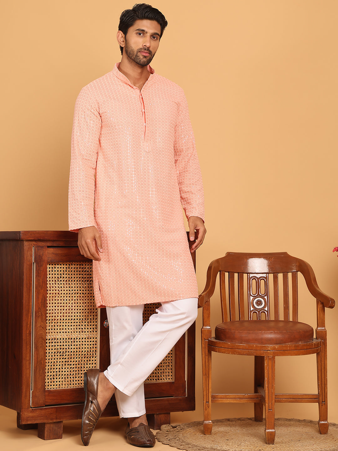 Embroidered & Sequence Kurta Pyjama for Men ( JOKP P 5177 Peach )