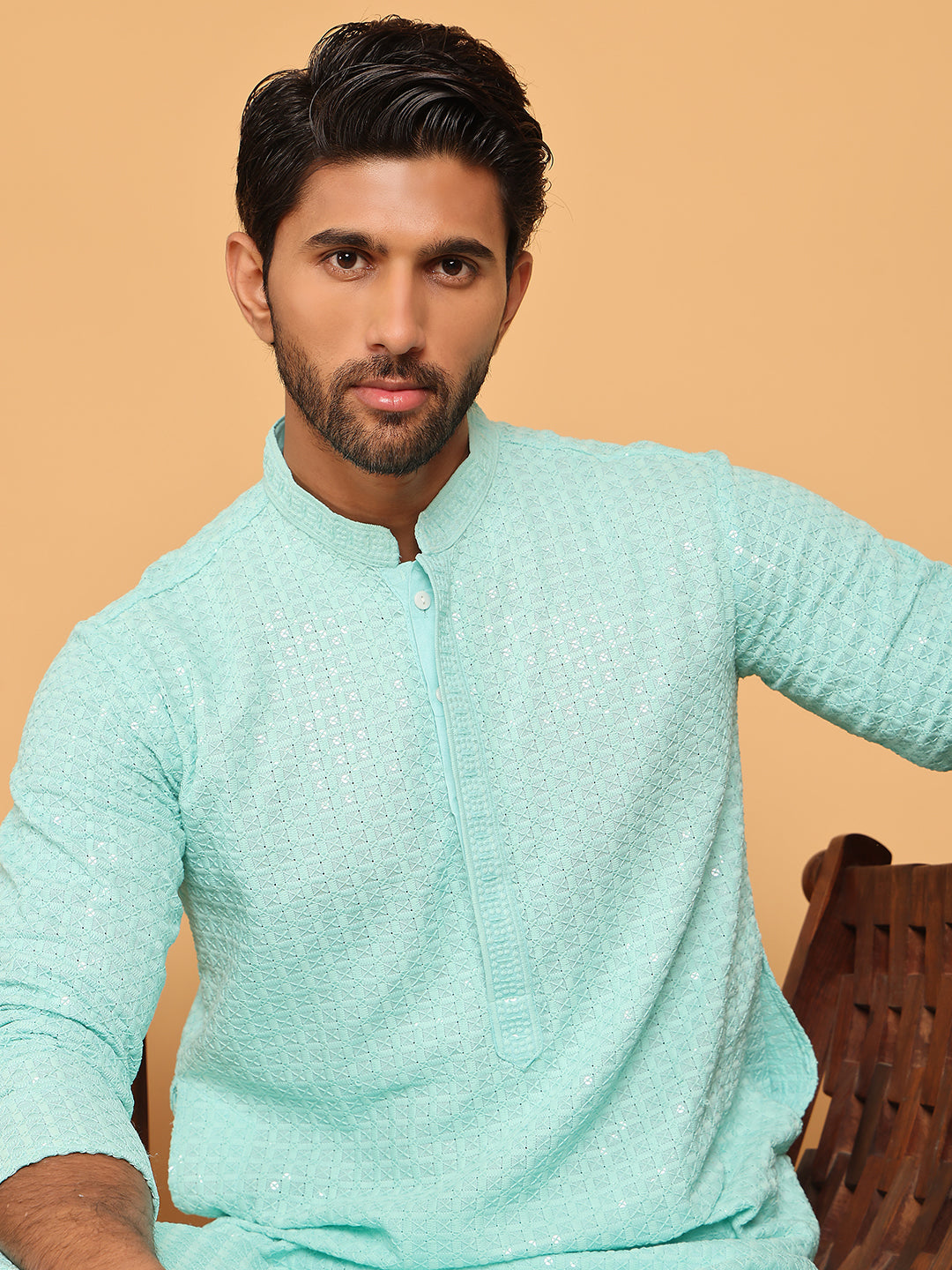 Embroidered & Sequence Kurta Pyjama for Men ( JOKP P 5177 Sky )