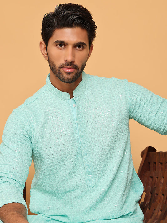 Embroidered & Sequence Kurta Pyjama for Men ( JOKP P 5177 Sky )