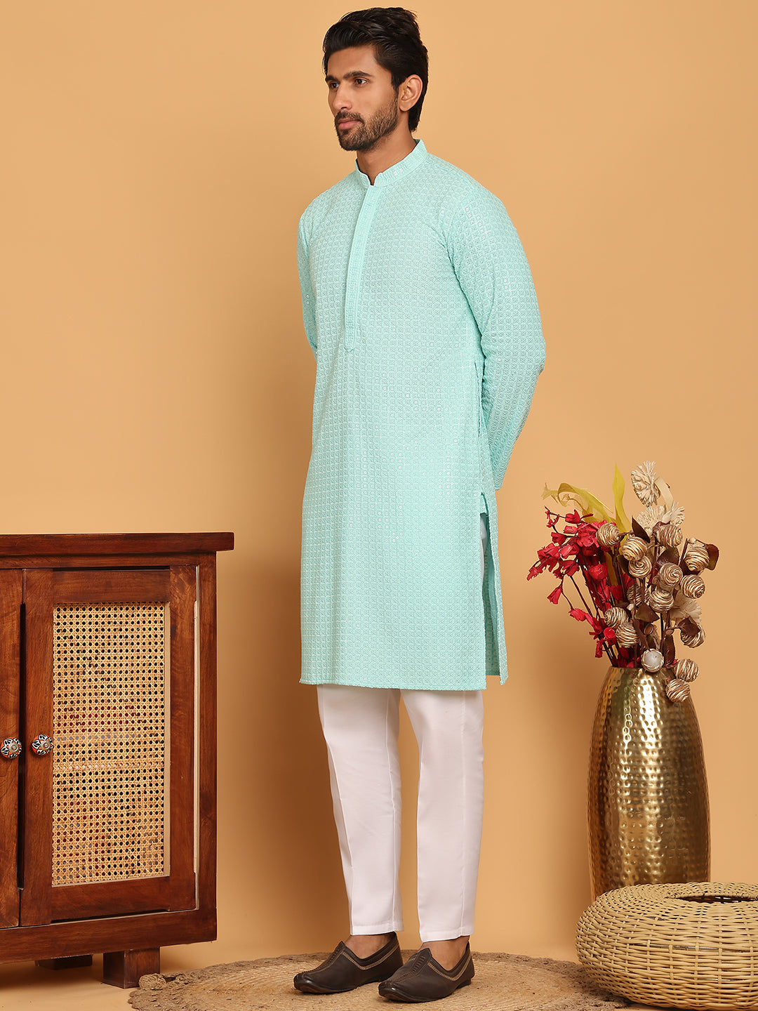 Embroidered & Sequence Kurta Pyjama for Men ( JOKP P 5177 Sky )