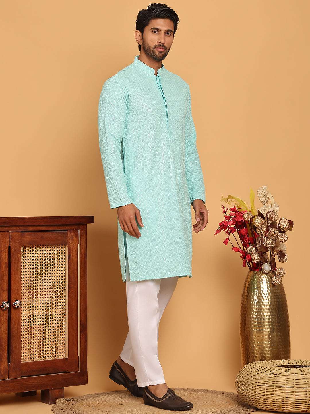 Embroidered & Sequence Kurta Pyjama for Men ( JOKP P 5177 Sky )