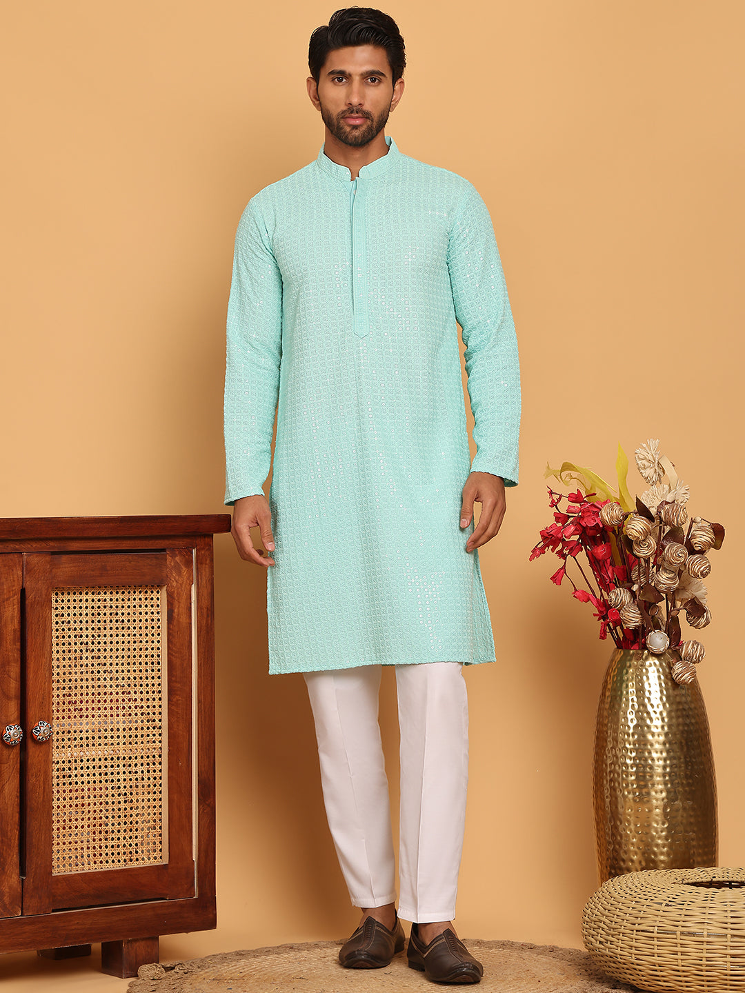 Embroidered & Sequence Kurta Pyjama for Men ( JOKP P 5177 Sky )