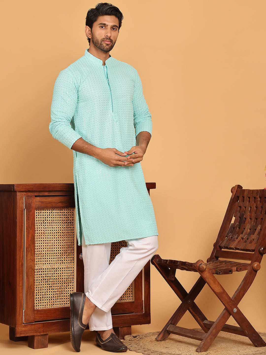 Embroidered & Sequence Kurta Pyjama for Men ( JOKP P 5177 Sky )
