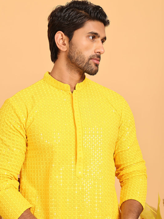 Embroidered & Sequence Kurta Pyjama for Men ( JOKP P 5177 Yellow )