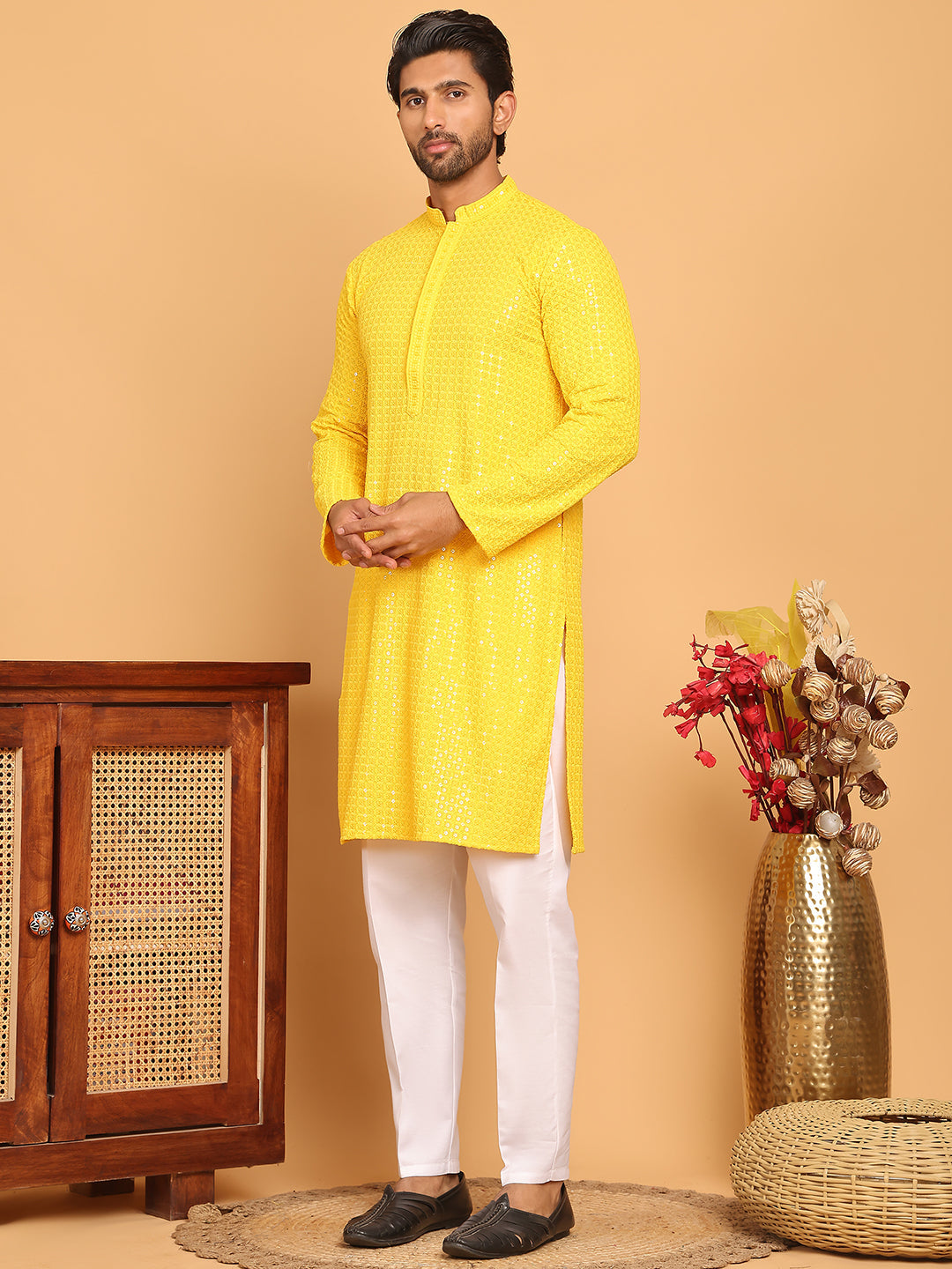 Embroidered & Sequence Kurta Pyjama for Men ( JOKP P 5177 Yellow )