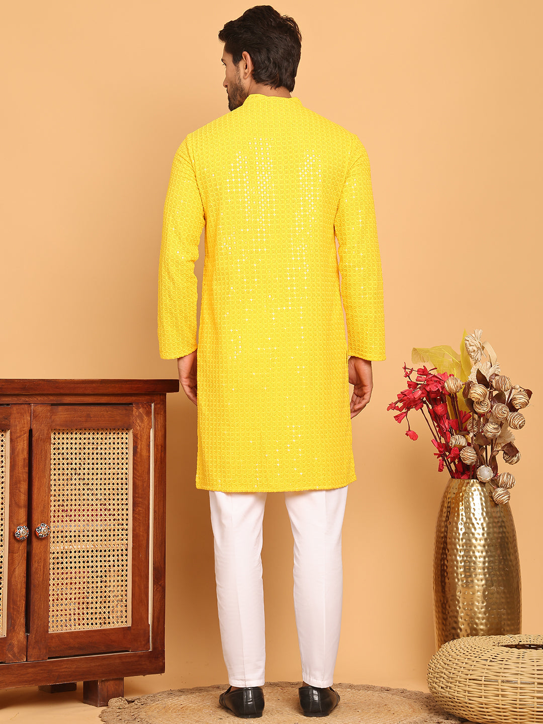 Embroidered & Sequence Kurta Pyjama for Men ( JOKP P 5177 Yellow )