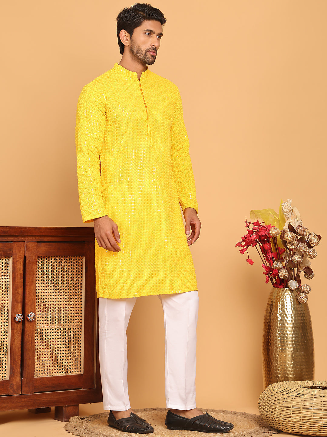 Embroidered & Sequence Kurta Pyjama for Men ( JOKP P 5177 Yellow )