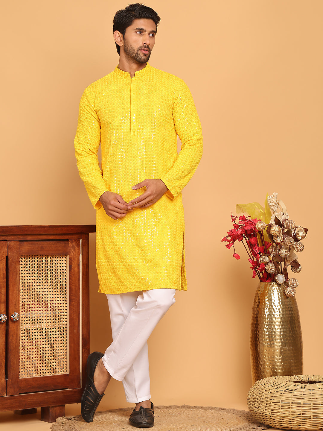 Embroidered & Sequence Kurta Pyjama for Men ( JOKP P 5177 Yellow )