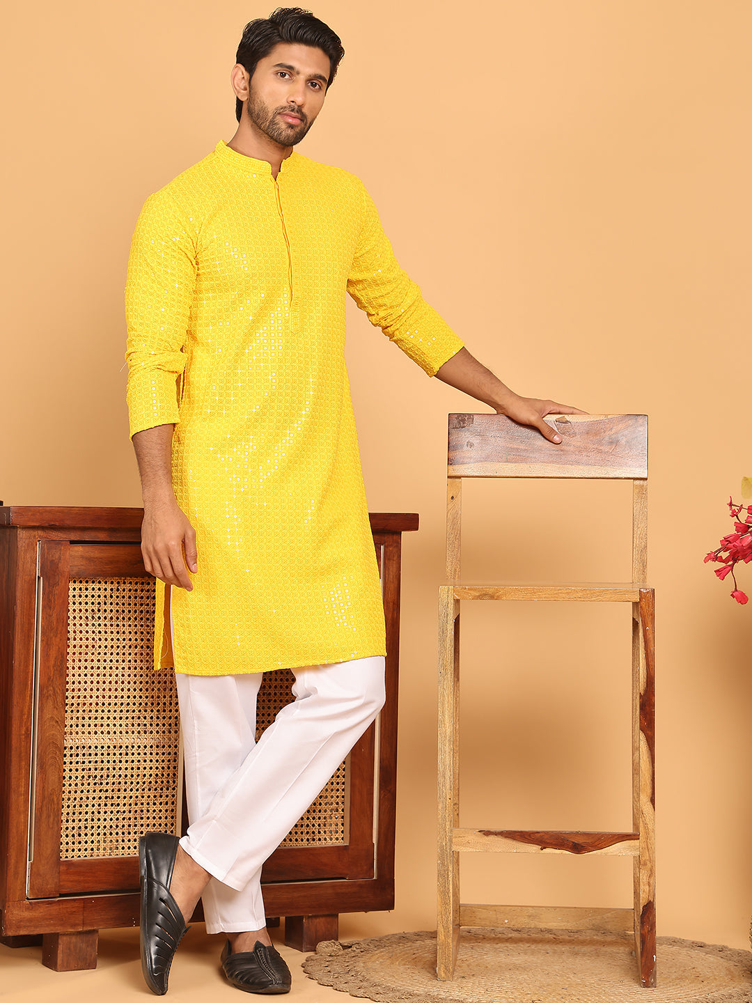 Embroidered & Sequence Kurta Pyjama for Men ( JOKP P 5177 Yellow )