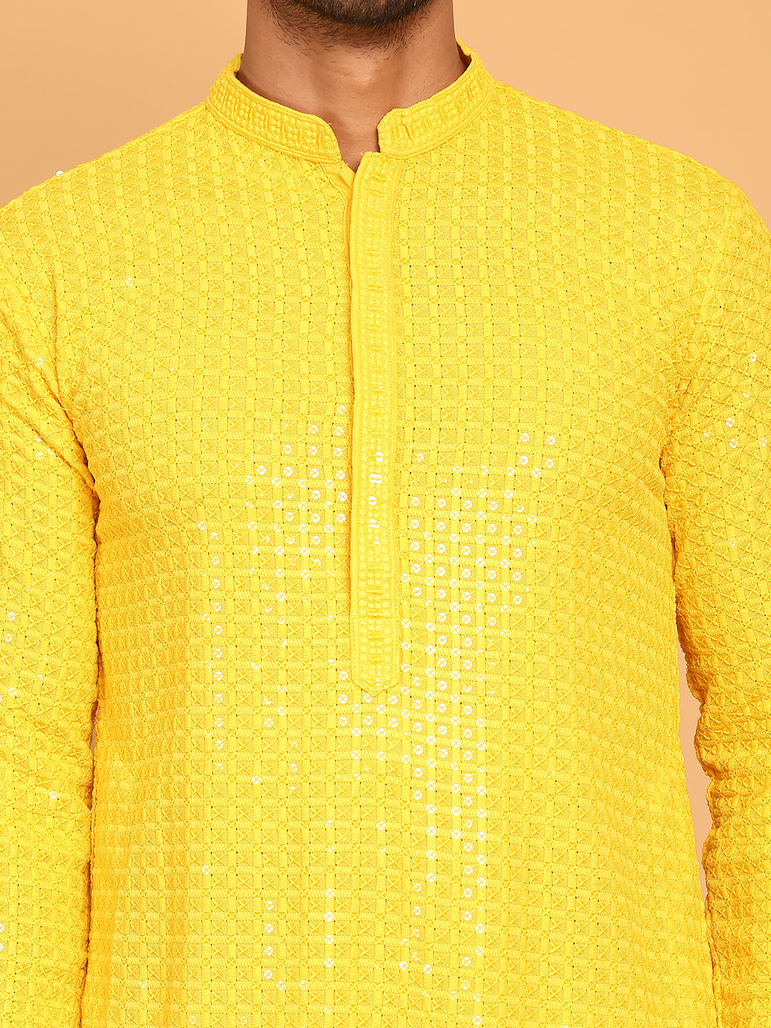 Embroidered & Sequence Kurta Pyjama for Men ( JOKP P 5177 Yellow )