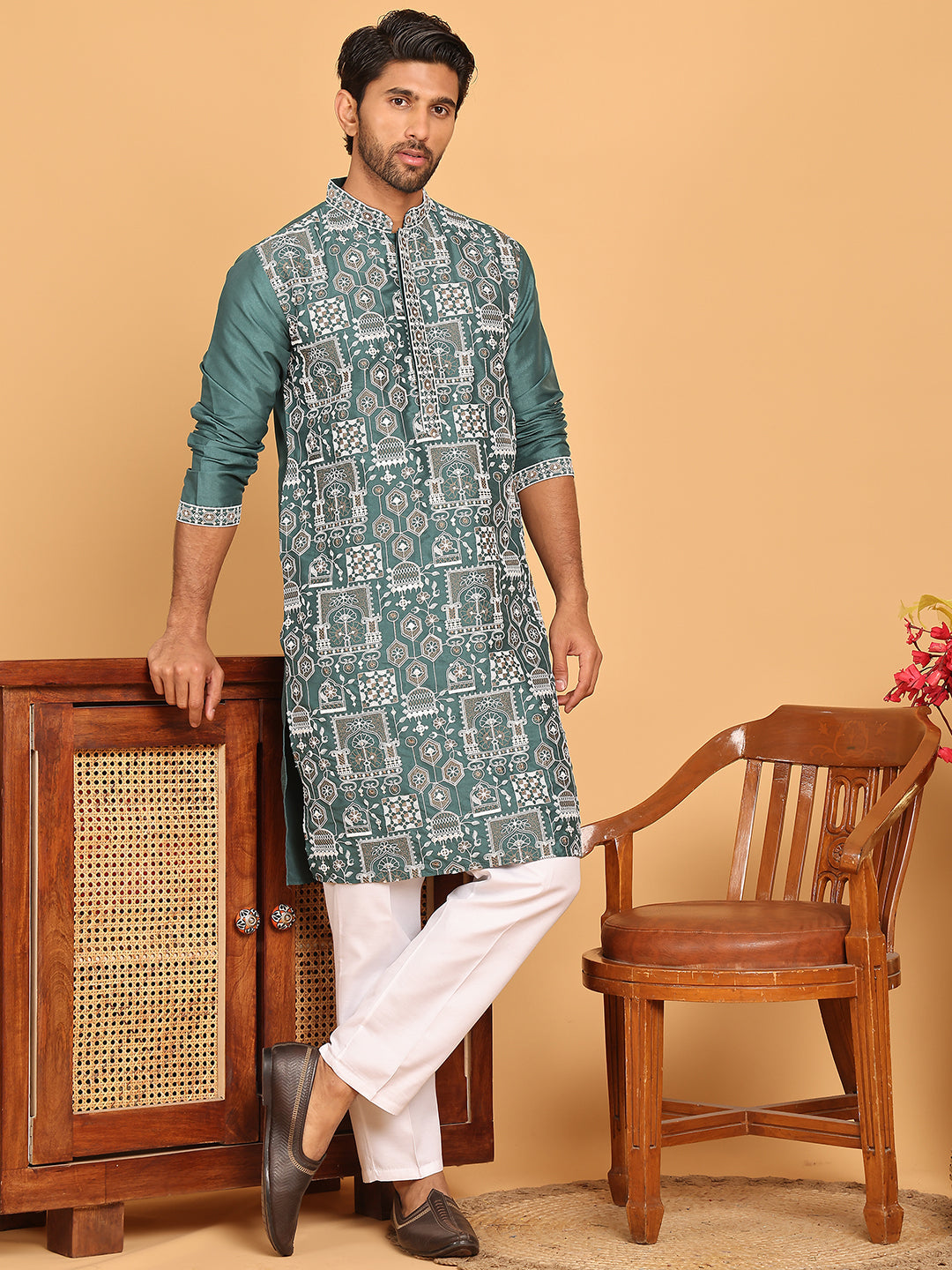 Embroidered Straight Kurta Set For Men ( JOKP P 5178 Green )