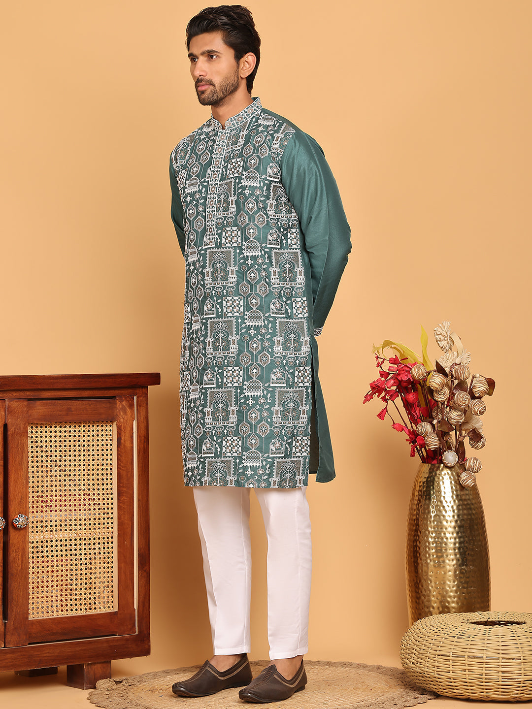 Embroidered Straight Kurta Set For Men ( JOKP P 5178 Green )