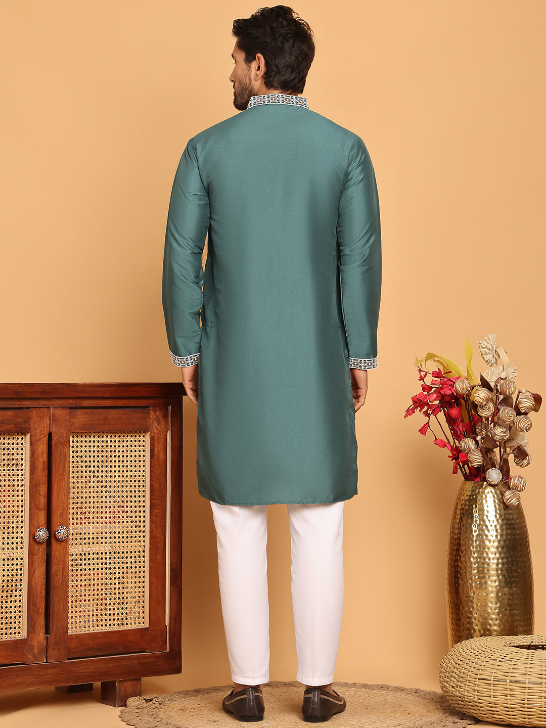 Embroidered Straight Kurta Set For Men ( JOKP P 5178 Green )