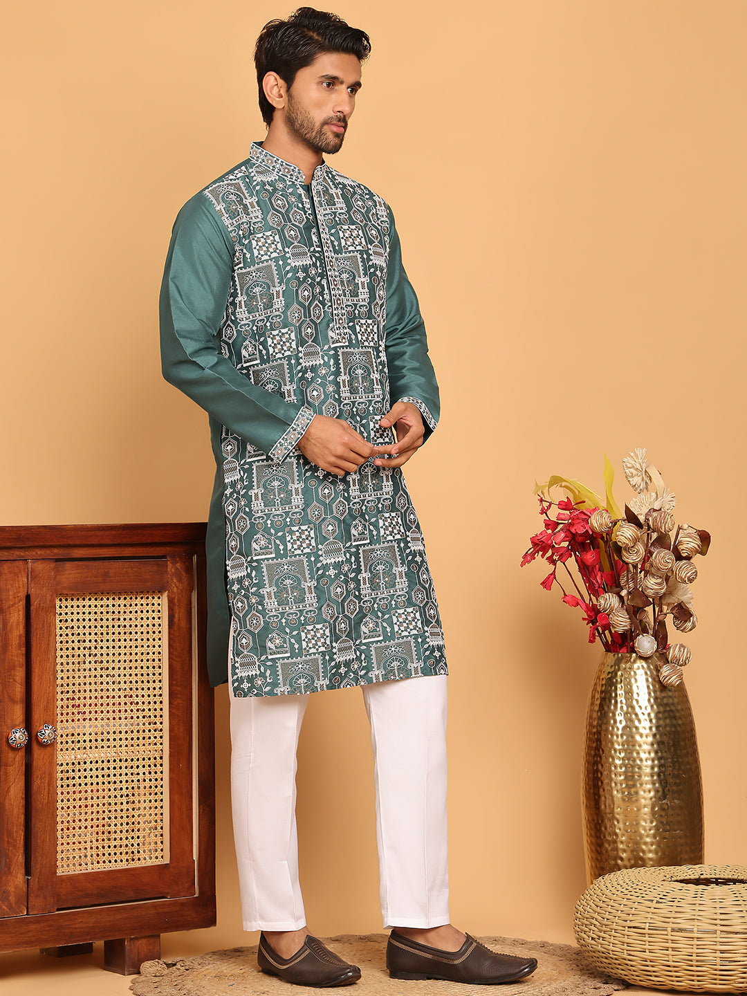 Embroidered Straight Kurta Set For Men ( JOKP P 5178 Green )