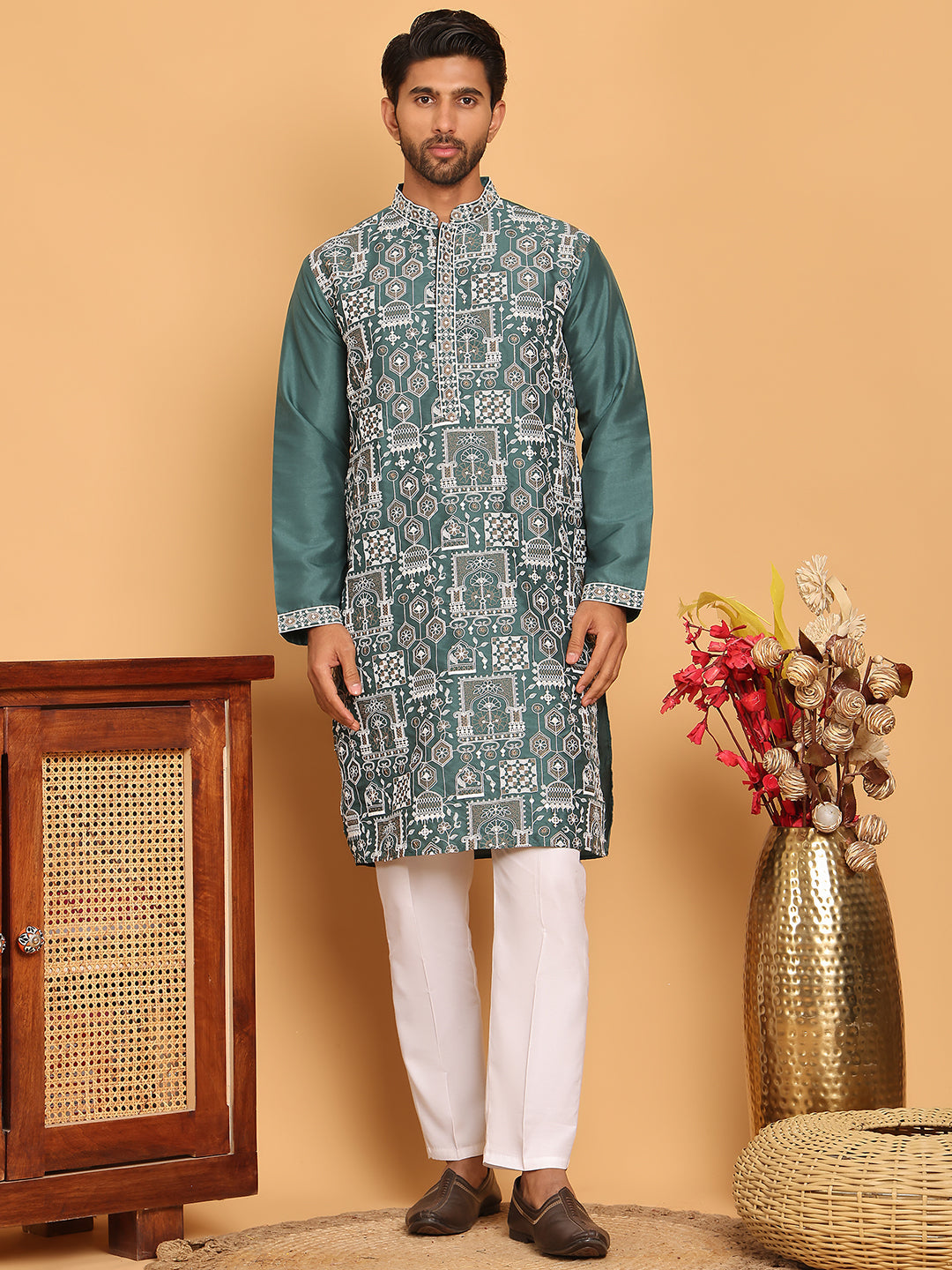 Embroidered Straight Kurta Set For Men ( JOKP P 5178 Green )