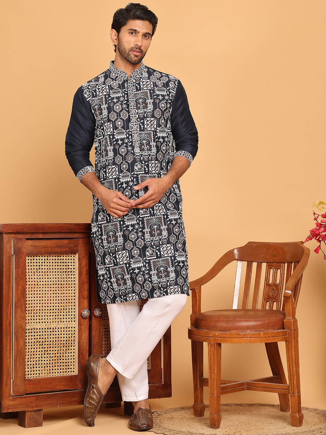 Embroidered Straight Kurta Set For Men ( JOKP P 5178 Navy )