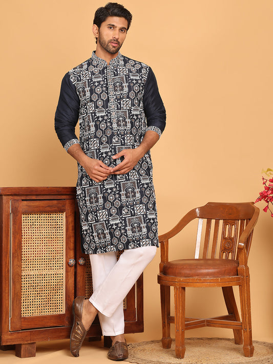 Embroidered Straight Kurta Set For Men ( JOKP P 5178 Navy )
