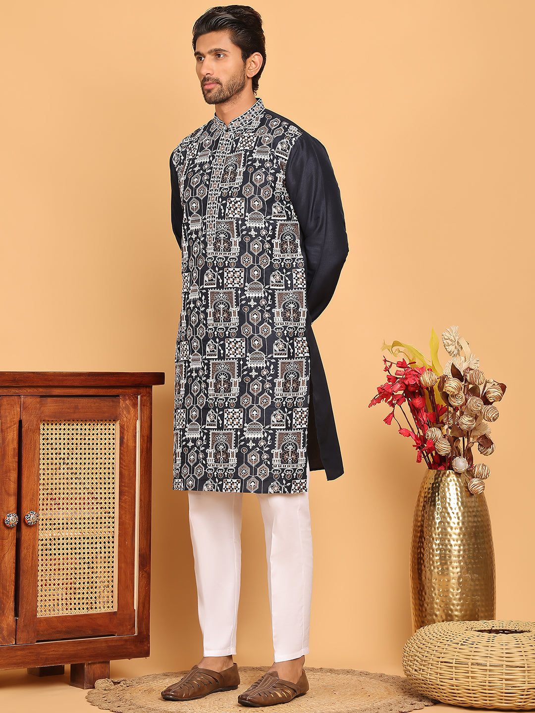 Embroidered Straight Kurta Set For Men ( JOKP P 5178 Navy )