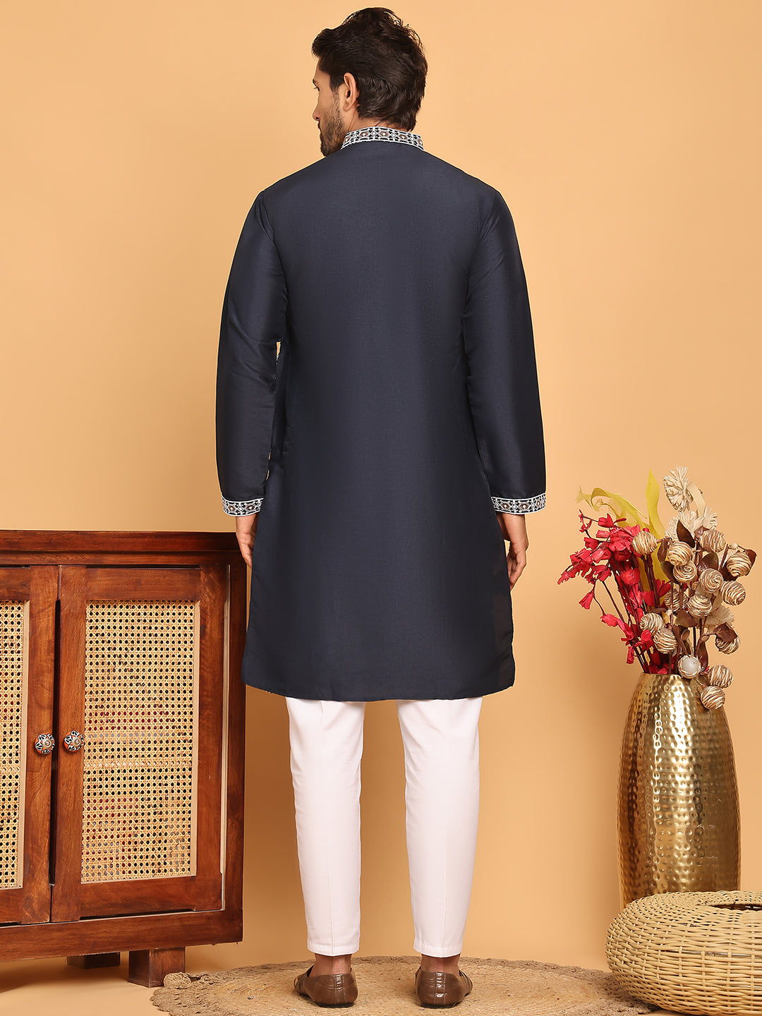 Embroidered Straight Kurta Set For Men ( JOKP P 5178 Navy )