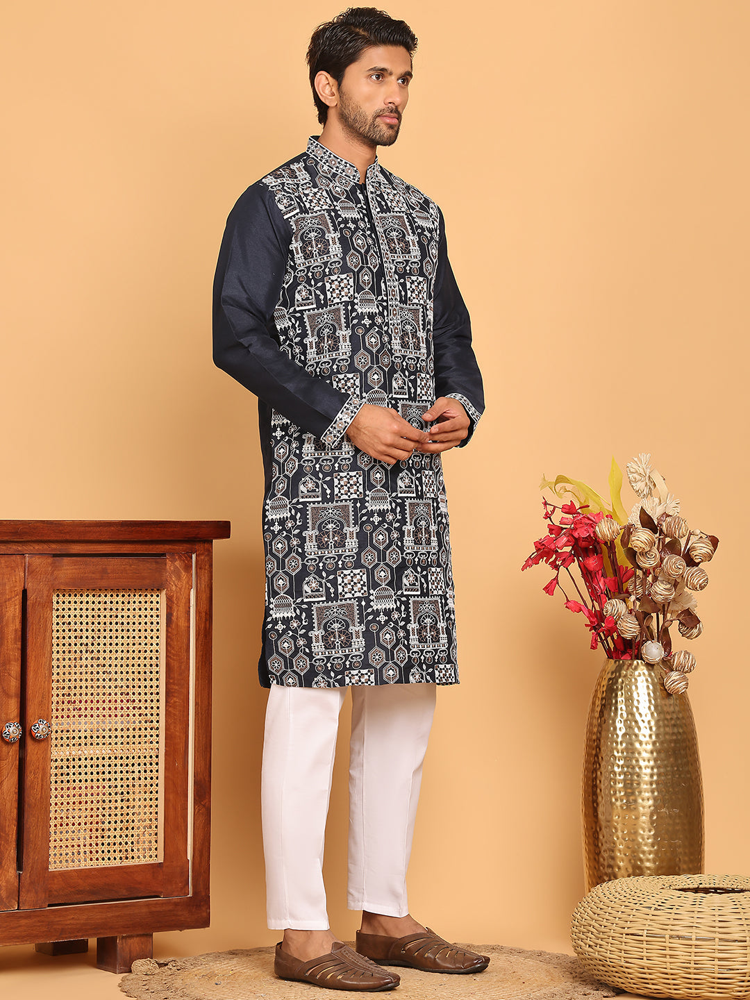 Embroidered Straight Kurta Set For Men ( JOKP P 5178 Navy )