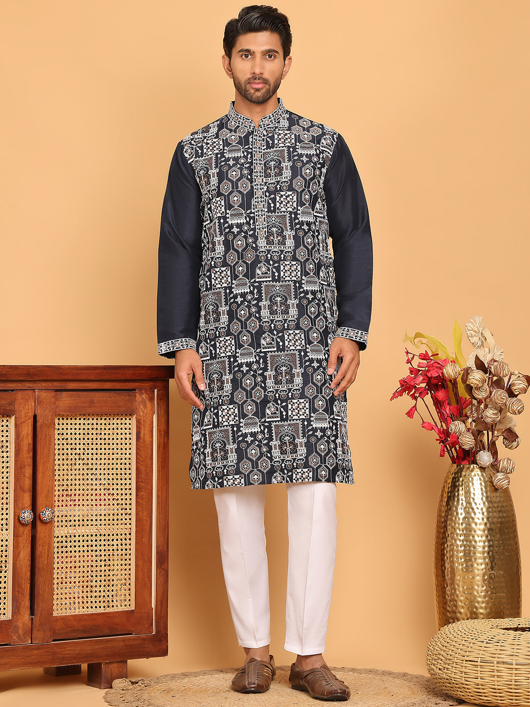 Embroidered Straight Kurta Set For Men ( JOKP P 5178 Navy )