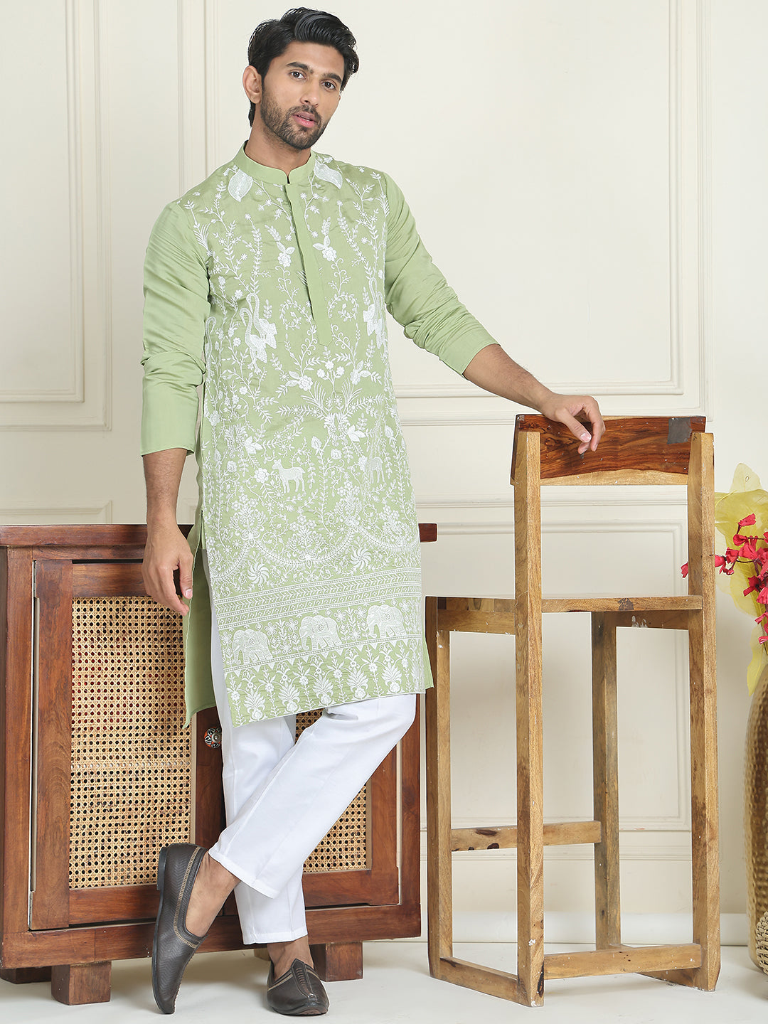 Embroidered Straight Kurta Pyjama Set ( JOKP P 5179 Pista )