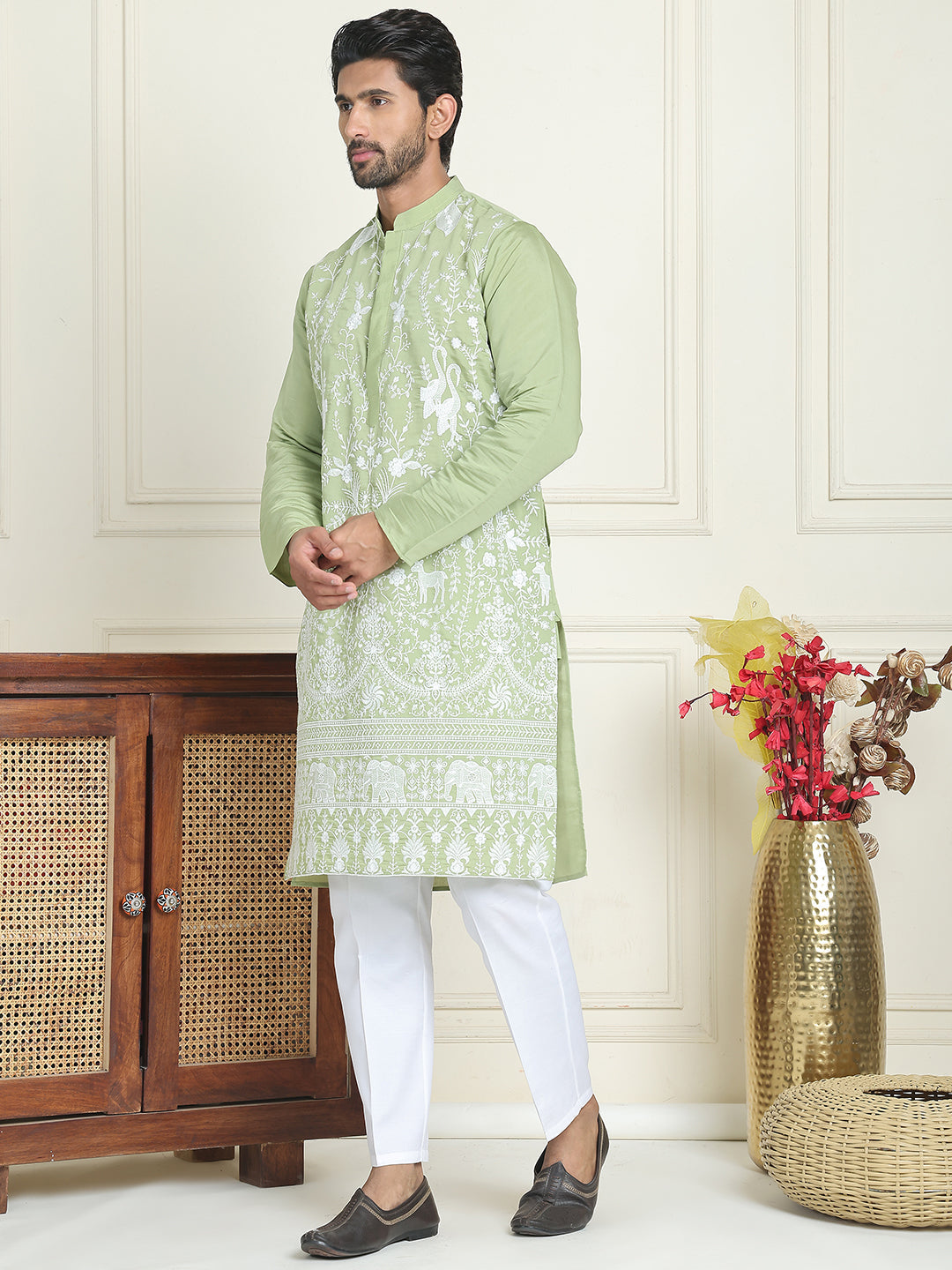 Embroidered Straight Kurta Pyjama Set ( JOKP P 5179 Pista )