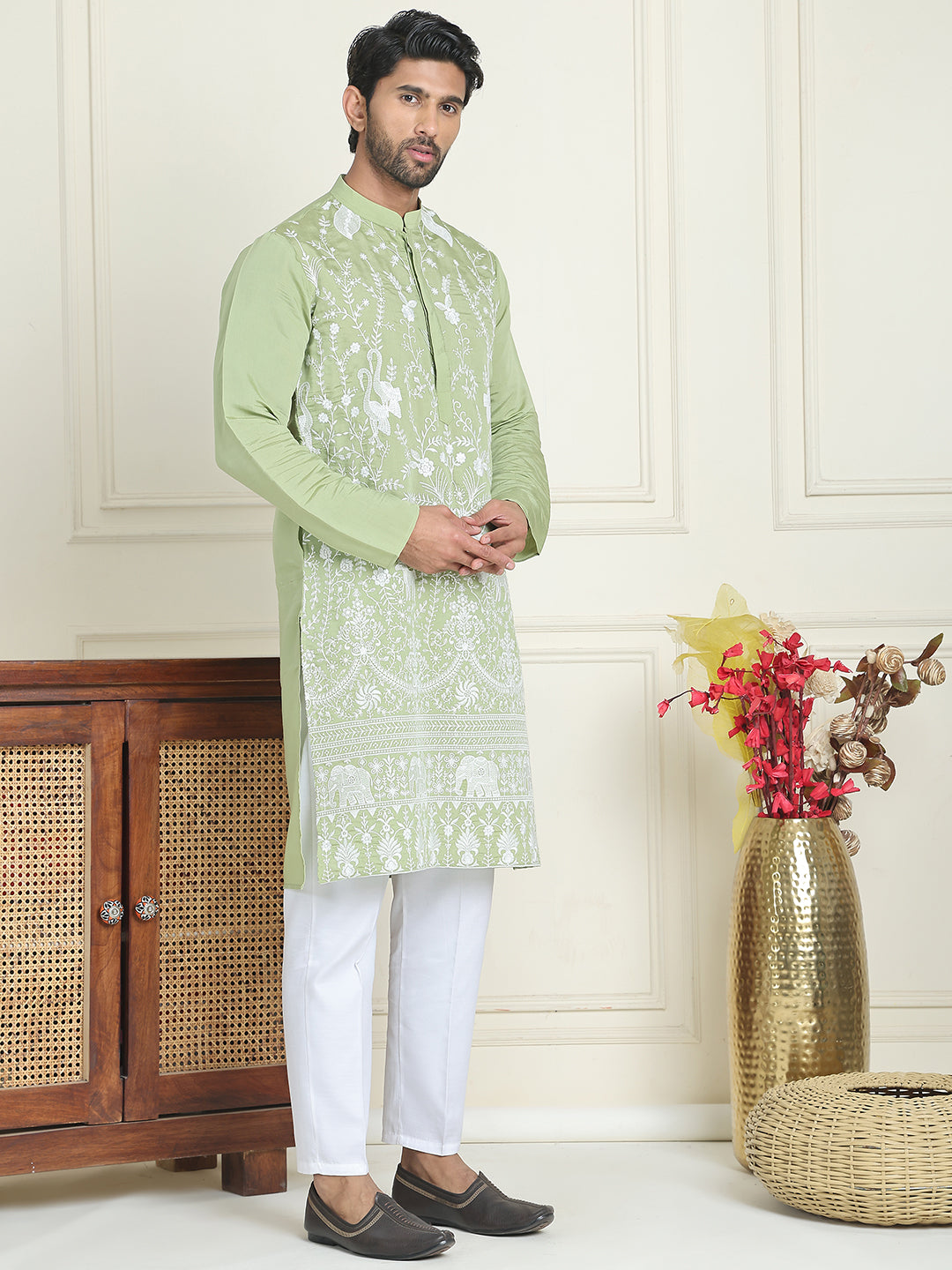 Embroidered Straight Kurta Pyjama Set ( JOKP P 5179 Pista )