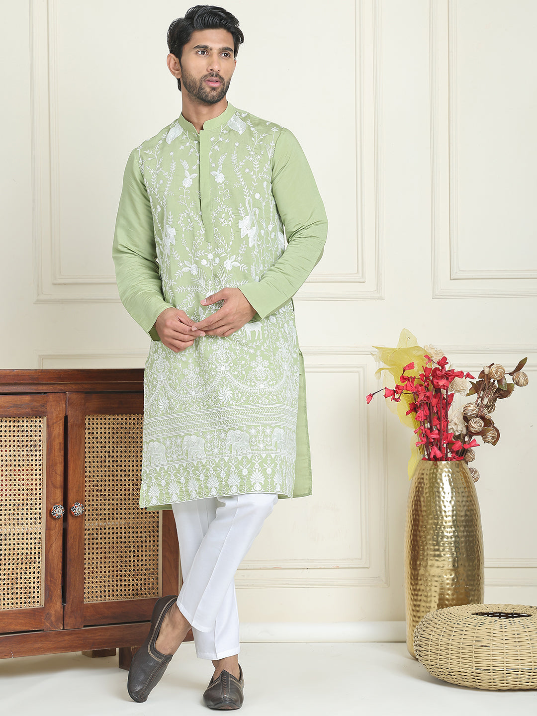 Embroidered Straight Kurta Pyjama Set ( JOKP P 5179 Pista )