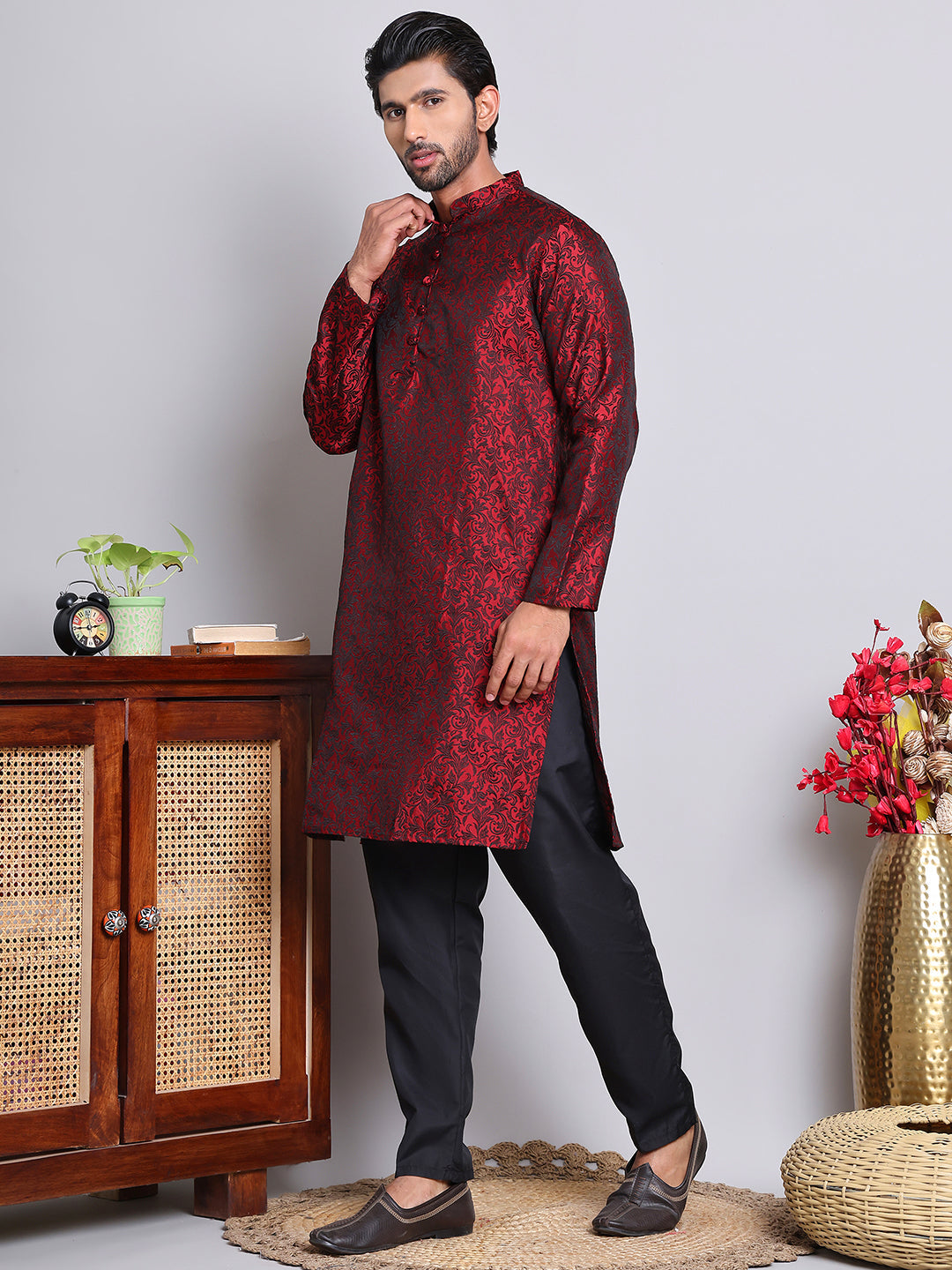 Men's Jacquard Kurta Payjama Sets ( NJOKP B-P 517Maroon )
