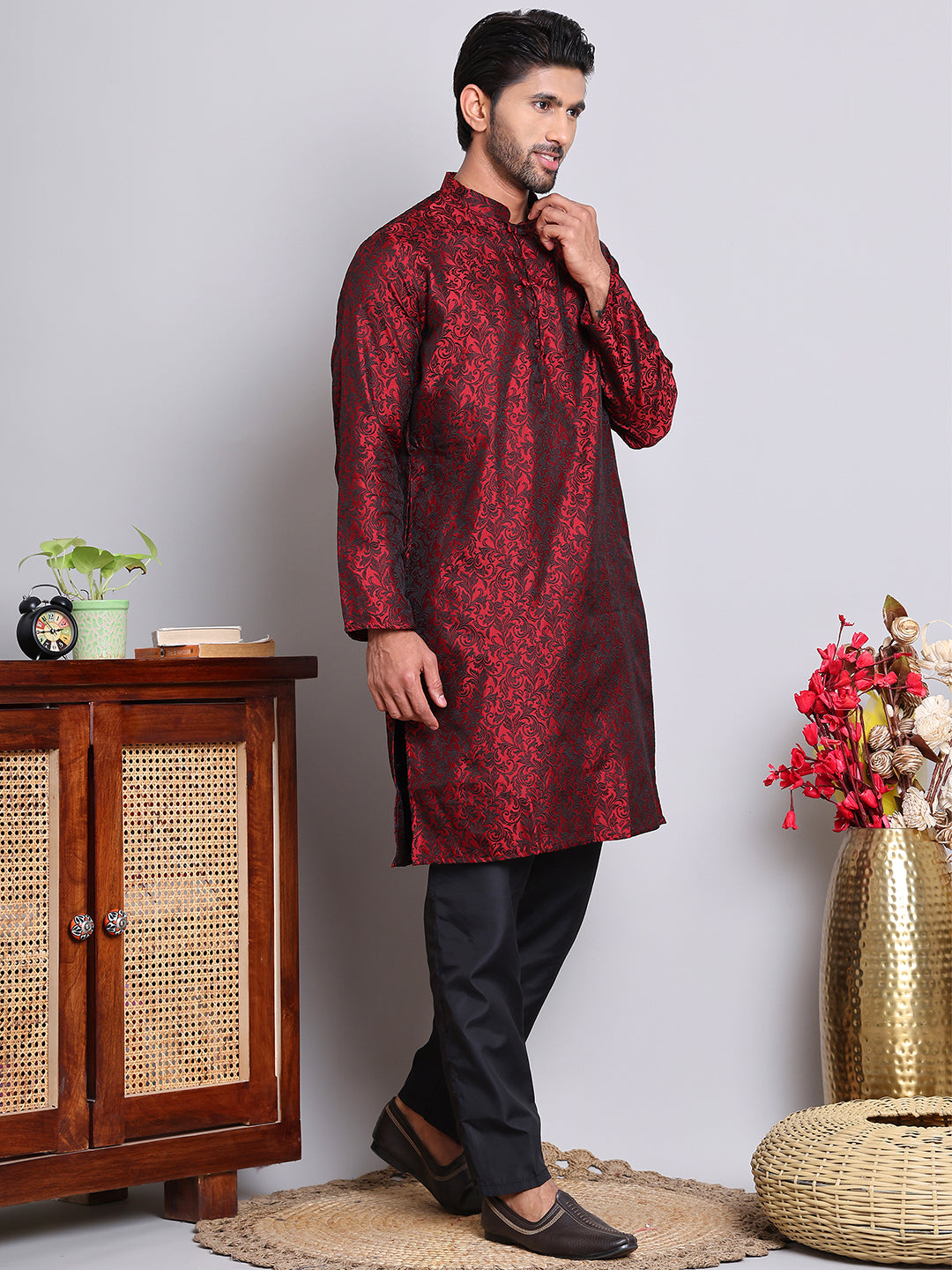 Men's Jacquard Kurta Payjama Sets ( NJOKP B-P 517Maroon )