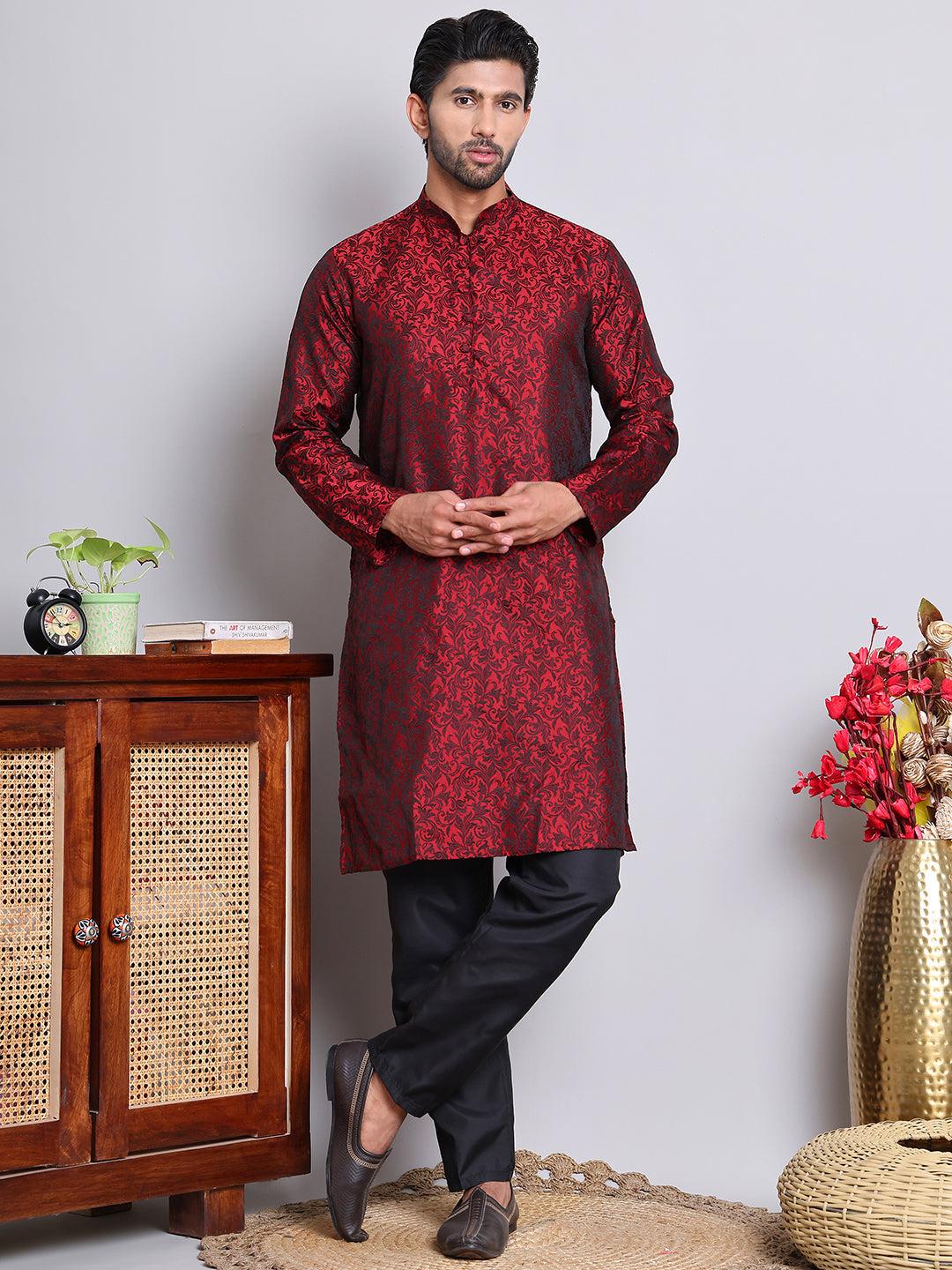 Men's Jacquard Kurta Payjama Sets ( NJOKP B-P 517Maroon )