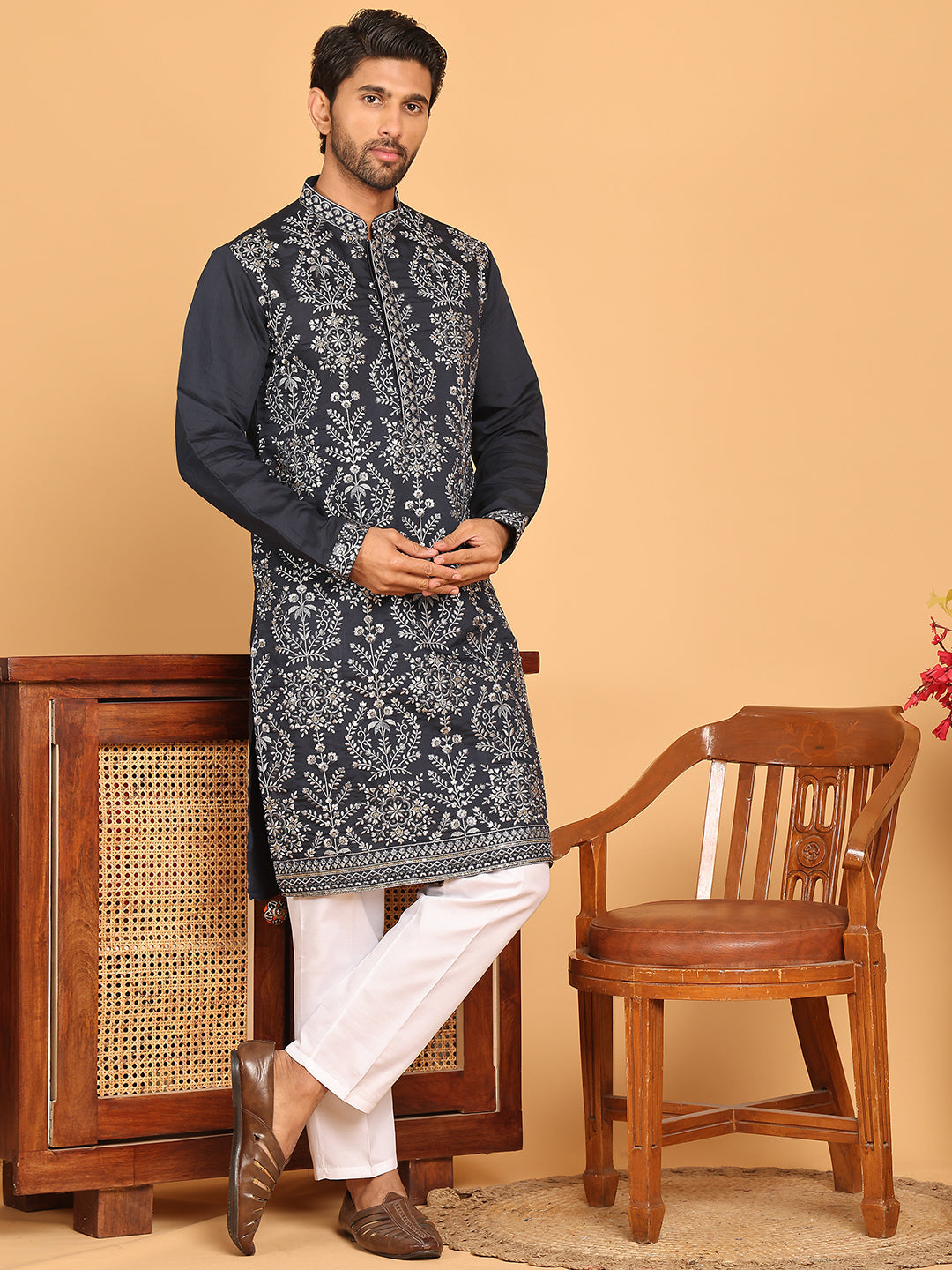 Embroidered Straight Kurta Pyjama Set For Men ( JOKP P 5180 Navy )