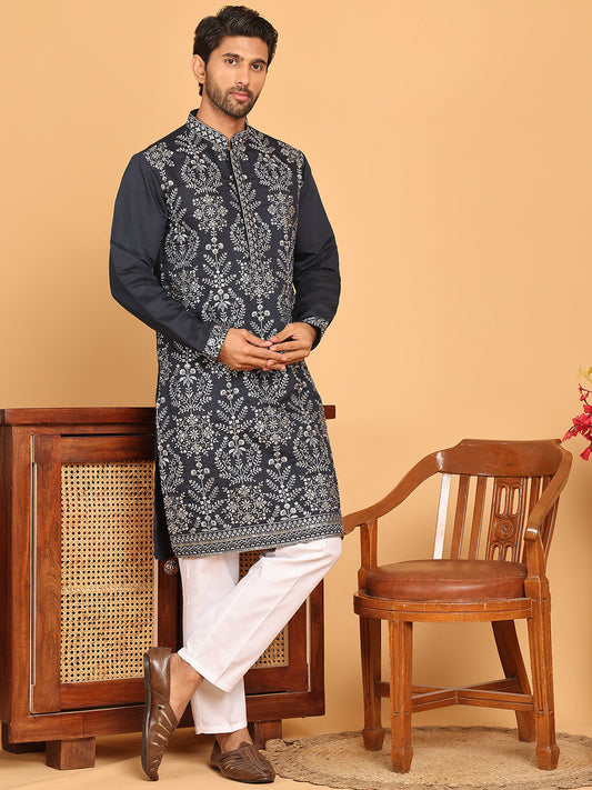Embroidered Straight Kurta Pyjama Set For Men ( JOKP P 5180 Navy )