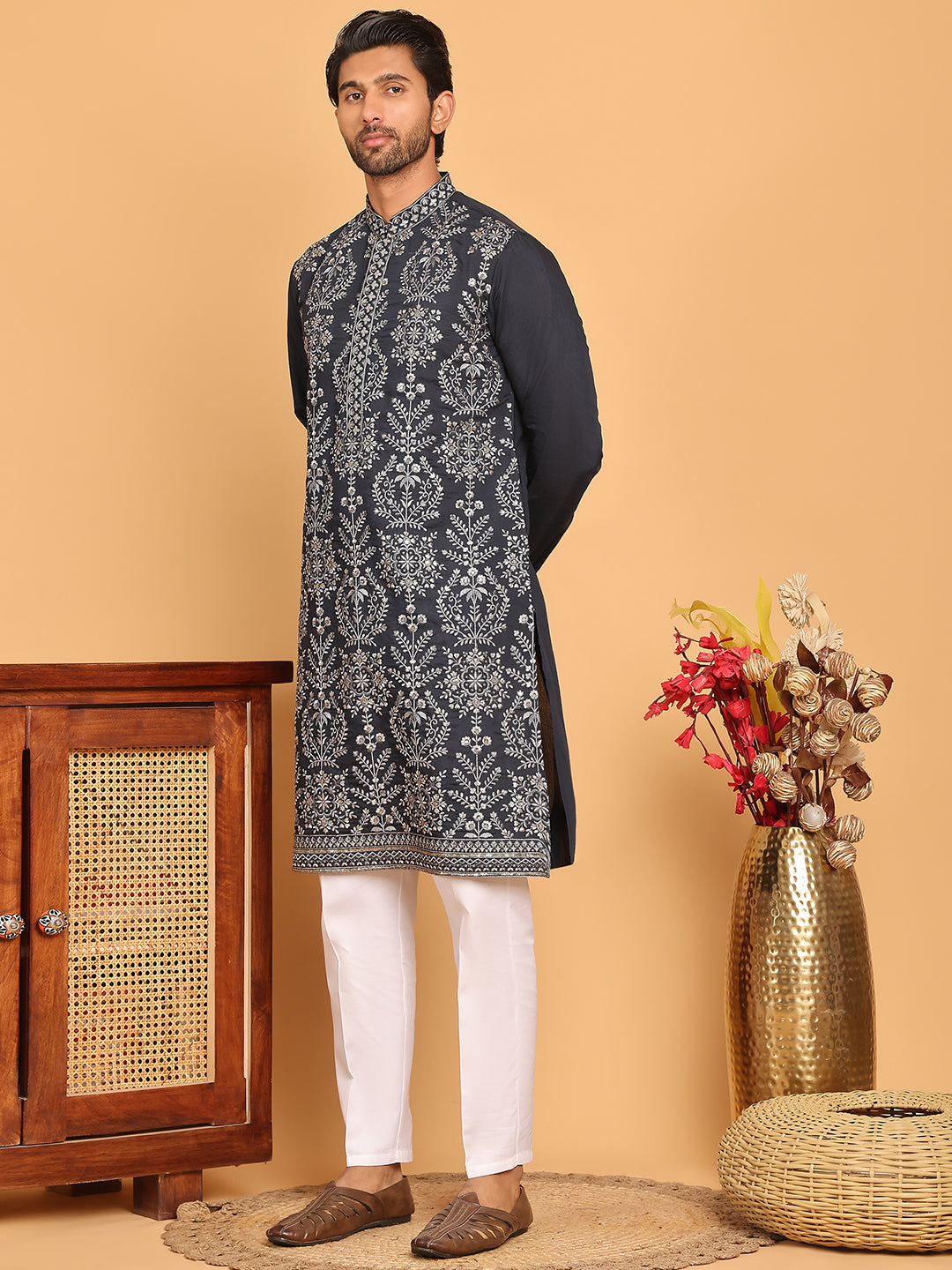 Embroidered Straight Kurta Pyjama Set For Men ( JOKP P 5180 Navy )