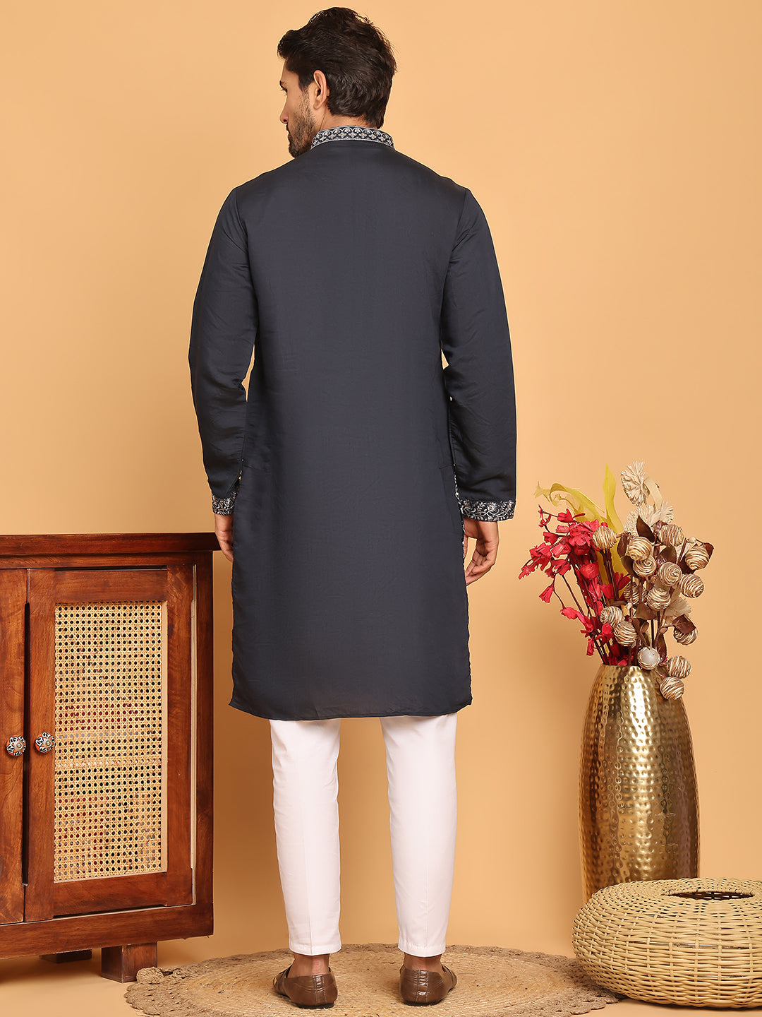 Embroidered Straight Kurta Pyjama Set For Men ( JOKP P 5180 Navy )
