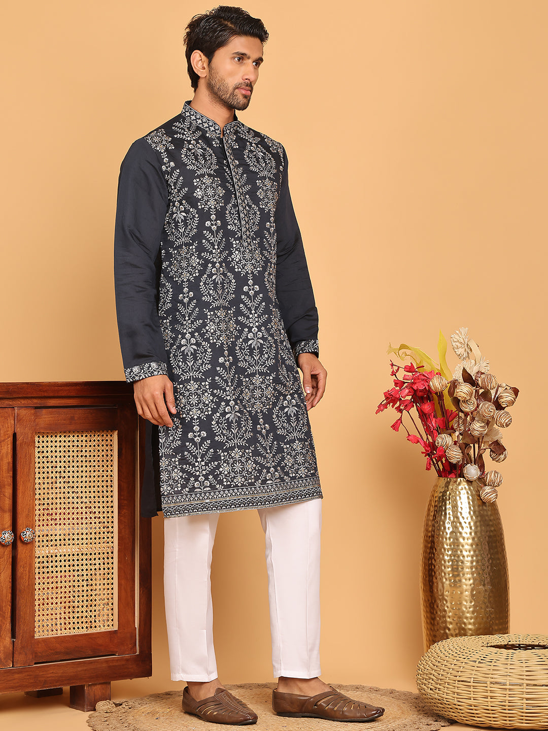 Embroidered Straight Kurta Pyjama Set For Men ( JOKP P 5180 Navy )