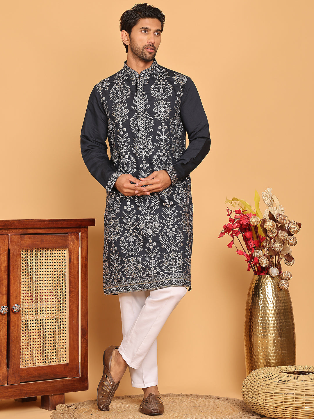 Embroidered Straight Kurta Pyjama Set For Men ( JOKP P 5180 Navy )