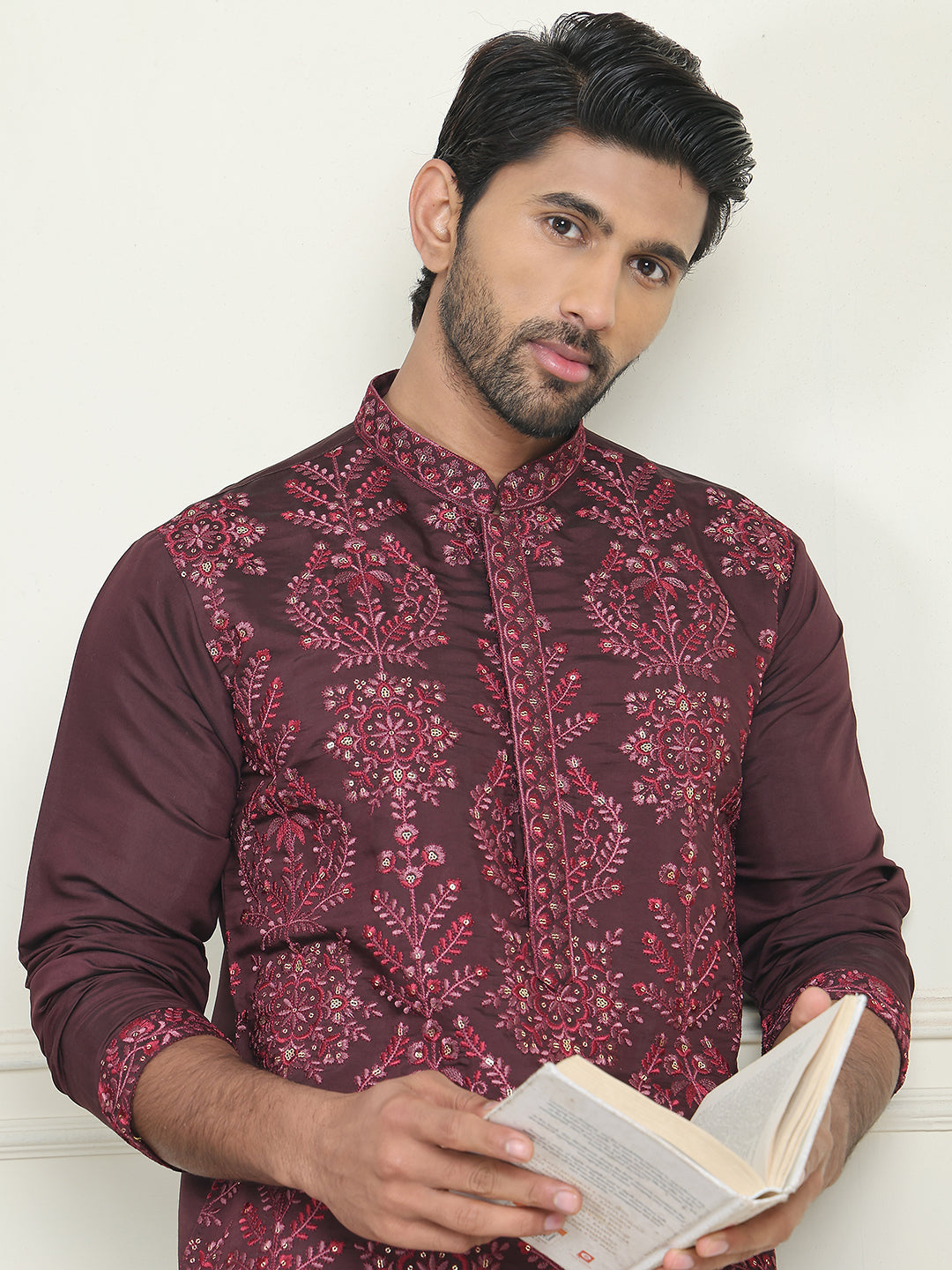 Embroidered Straight Kurta Pyjama Set For Men ( JOKP P 5180 Purple )