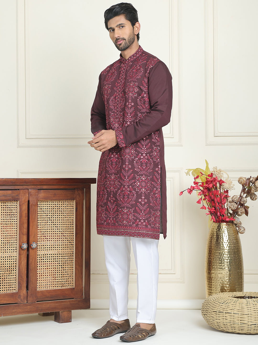 Embroidered Straight Kurta Pyjama Set For Men ( JOKP P 5180 Purple )