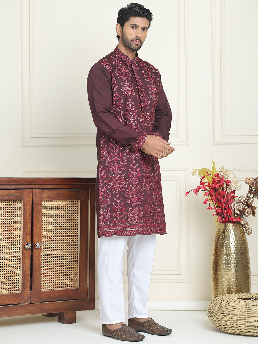 Embroidered Straight Kurta Pyjama Set For Men ( JOKP P 5180 Purple )