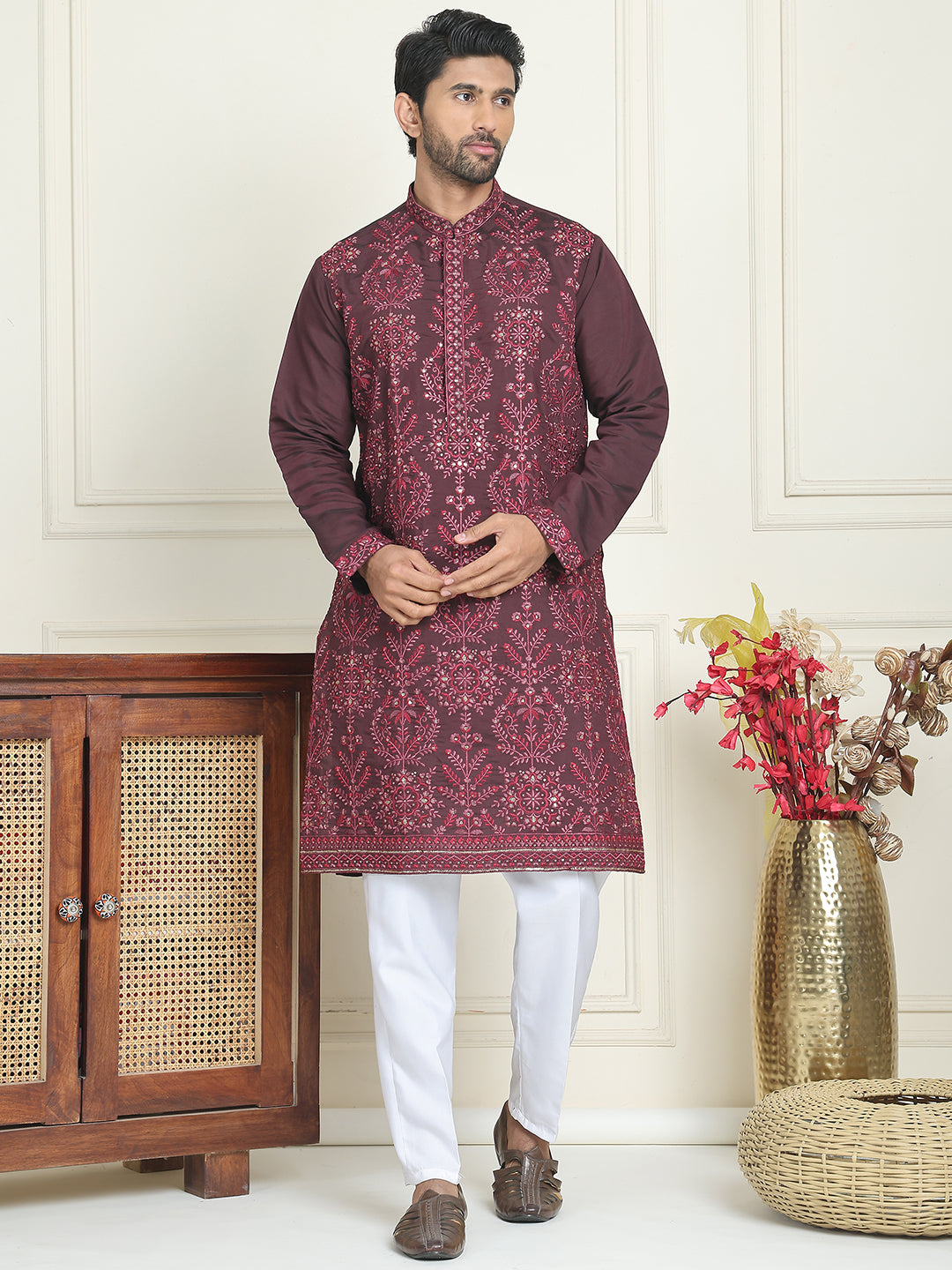 Embroidered Straight Kurta Pyjama Set For Men ( JOKP P 5180 Purple )