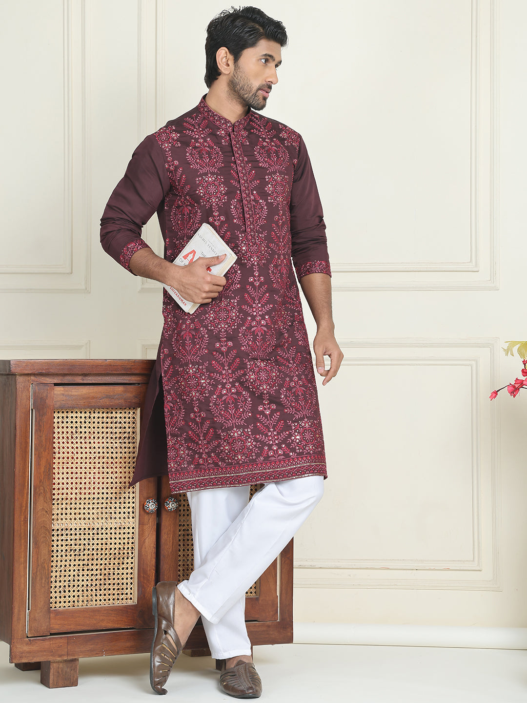 Embroidered Straight Kurta Pyjama Set For Men ( JOKP P 5180 Purple )